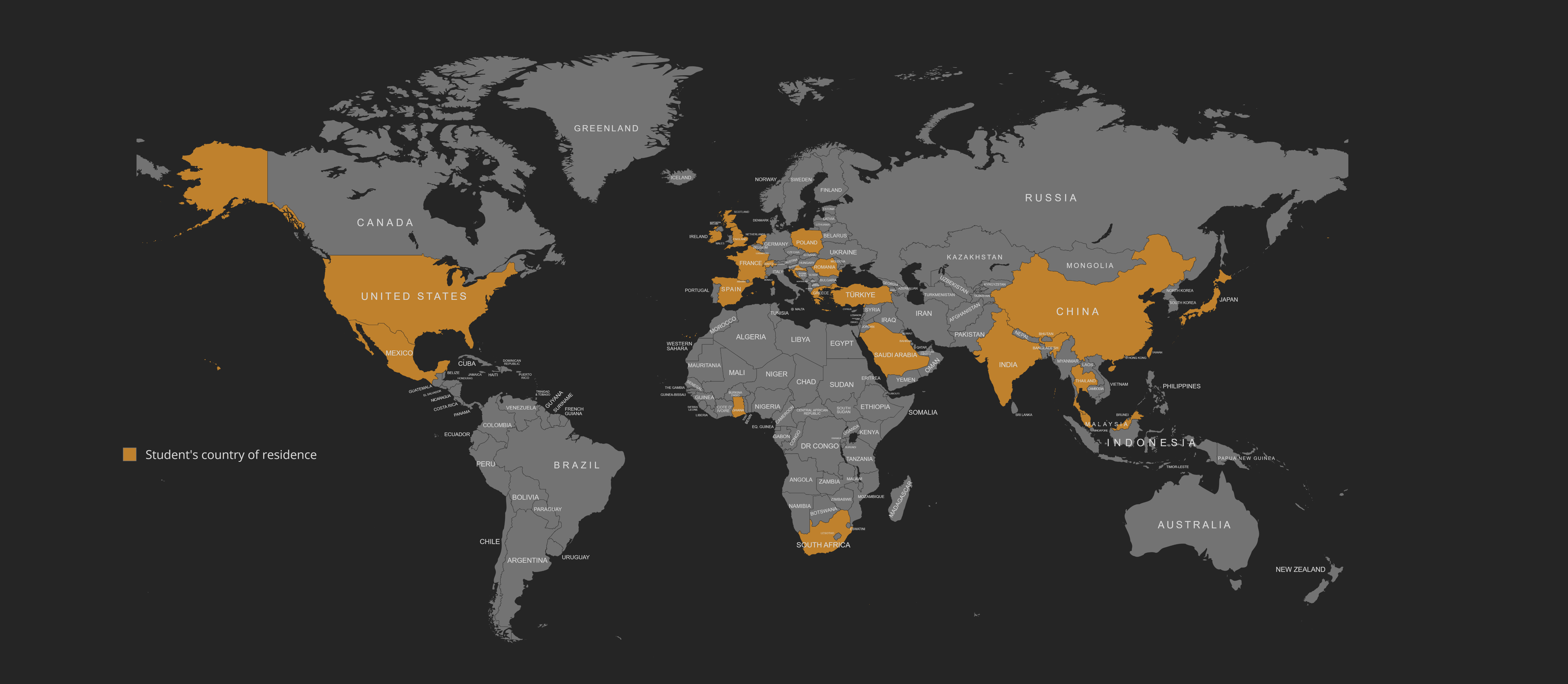 World map showing students' countries of residence